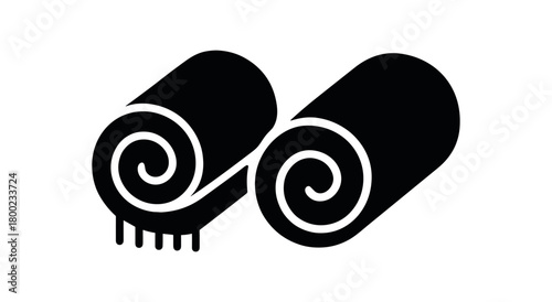 Flat vector illustration two rolled towels black and white solid black icon style seasonal essentials theme summer vibe 2x1 grid equal spacing isolated on white