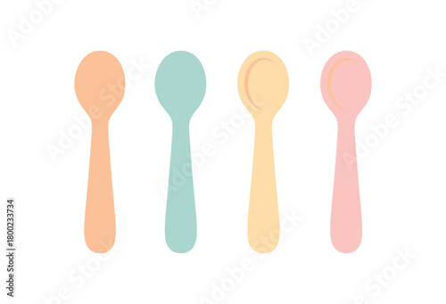 Flat vector illustration four baby spoons cute nursery style pastel colors smooth handles 4x1 grid equal spacing isolated on white