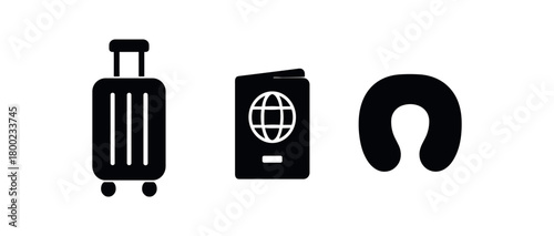 Flat vector illustration suitcase passport cover neck pillow travel prep theme black and white solid black icon style 3x1 grid equal spacing isolated on white full objects visible