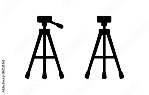 Flat vector illustration camera tripod photography theme black and white solid black icon style 2x1 grid equal spacing isolated on white full objects visible