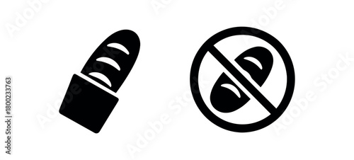 Flat vector illustration two unwrapped bakery loaves zero contain theme black and white solid black icon style plasticfree 2x1 grid equal spacing isolated on white