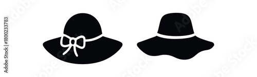 Flat vector illustration two beach hats black and white solid black icon style seasonal essentials theme summer vibe 2x1 grid equal spacing isolated on white