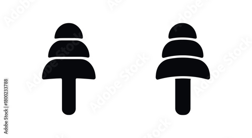 Flat vector illustration two earplug sets black and white solid black icon style night mindfulness theme 2x1 grid equal spacing clean silhouettes isolated on white