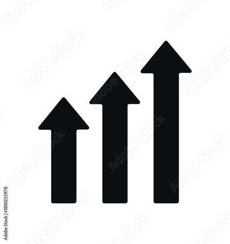 Flat vector illustration three rising arrows (progress) black and white solid black icon style conceptual focus flow theme 3x1 grid equal spacing clean silhouettes isolated on white