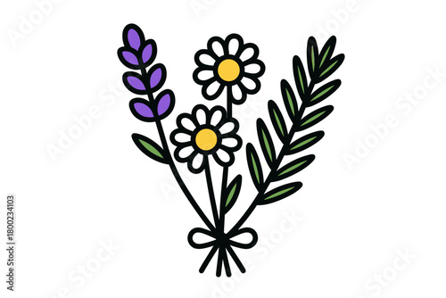 healing bouquet flat vector bold outline white background minimal bright lavender chamomile rosemary