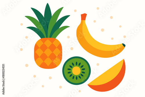 flat vector illustration pineapple top with leaves banana curve kiwi half mango slice vivid tropical palette white background soft dots