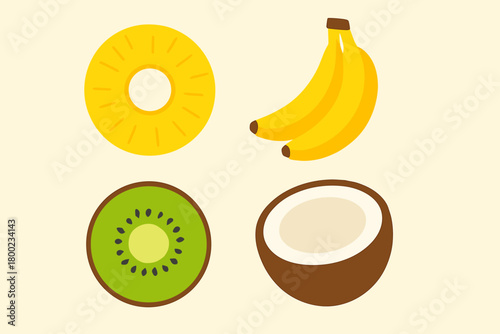 flat vector illustration pineapple ring banana duo kiwi coconut half clean layout bright and cheerful colors