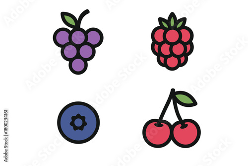 minimal berry sheet flat vector bold outline white background minimal grape cluster raspberry blueberry cherries
