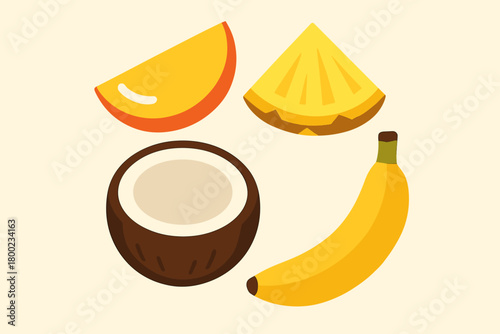 flat vector illustration mango slice with shine pineapple piece coconut banana bright balanced palette centered layout