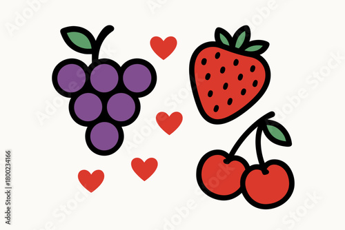 playful fruit layout flat vector bold outline white background minimal grape cluster strawberry cherries tiny hearts
