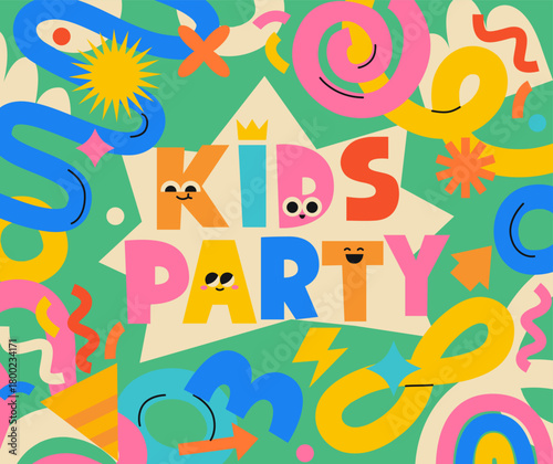 Kids party, banner for children event. Fun colorful childish design. Hand drawn doodle. Kids zone for entertainment. Kids birthday party invitation banners. Children event celebration flyer. Vector
