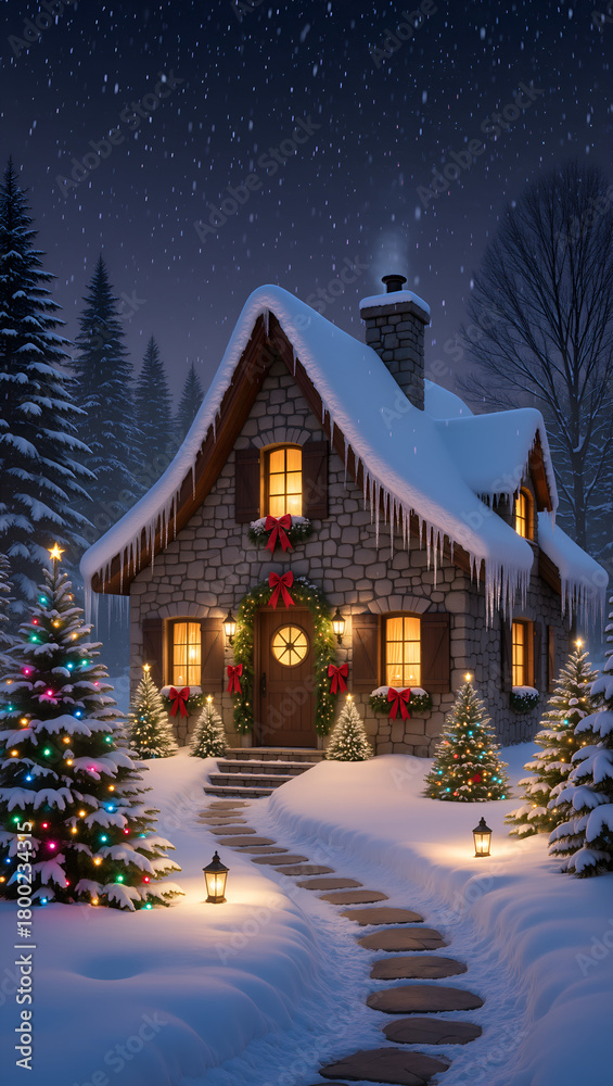 Fototapeta premium Snow‑Covered Cozy Holiday Cottage with Warm Lighted Windows and Pine Trees Along Winding Path