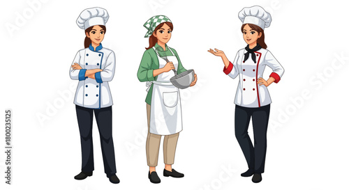 Set of vector illustrations of female chefs in cooking poses, perfect for culinary training, restaurant marketing, baking tutorials, and food service branding