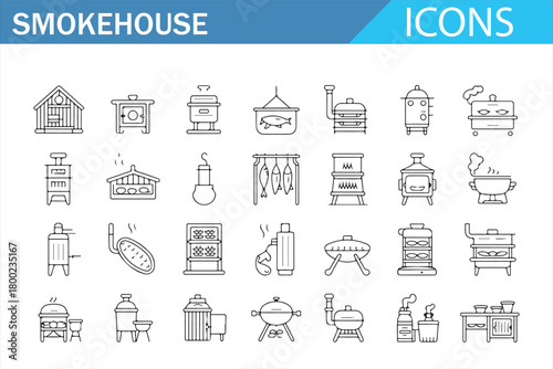 Black and white smoker grill illustrations for kitchen and restaurant designs