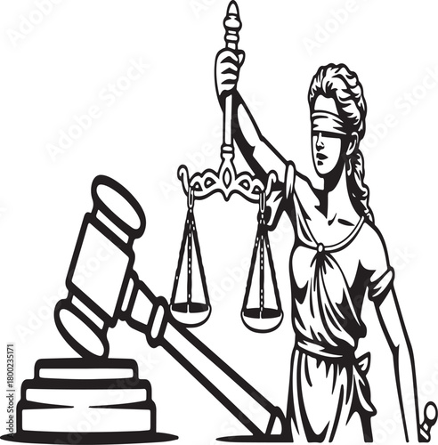Blindfolded Lady Justice holding scales of justice with a judge's gavel beside her.