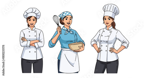 Set of vector illustrations of female chefs in cooking poses, perfect for culinary training, restaurant marketing, baking tutorials, and food service branding