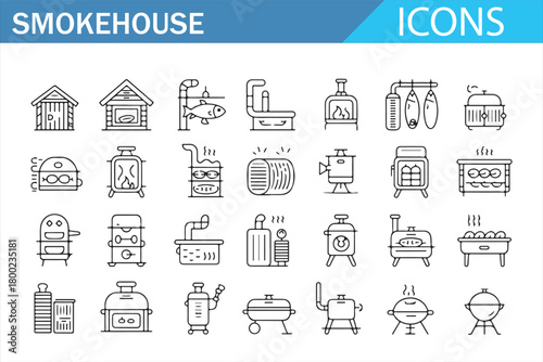 Smokehouse symbol set with wood-burning stoves, fire pits, and grills