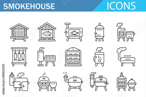 Editable stroke BBQ smoker icons ideal for cooking, restaurant, and grill themes