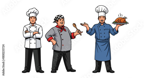 Set of vector illustrations of male chefs holding dishes and tools, ideal for restaurant branding, culinary school materials, and food service marketing