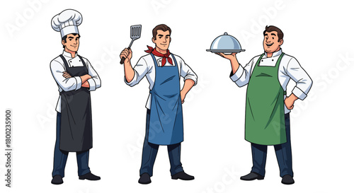 Set of vector illustrations of male chefs holding dishes and tools, ideal for restaurant branding, culinary school materials, and food service marketing