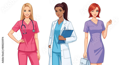Set of vector illustrations of female doctors in professional poses, perfect for healthcare communication, hospital branding, and medical training materials