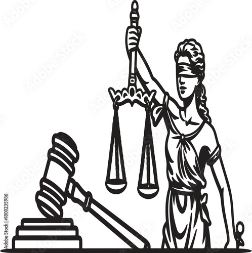 Lady Justice outline drawing with scales of justice and a judge gavel symbolizing law and legal system.