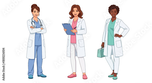 Set of vector illustrations of female doctors in professional poses, perfect for healthcare communication, hospital branding, and medical training materials