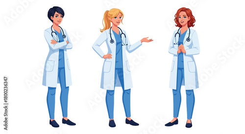 Set of vector illustrations of female doctors in professional poses, perfect for healthcare communication, hospital branding, and medical training materials