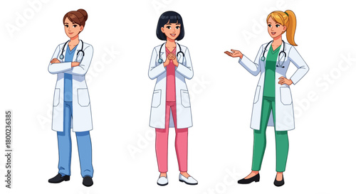 Set of vector illustrations of female doctors in professional poses, perfect for healthcare communication, hospital branding, and medical training materials