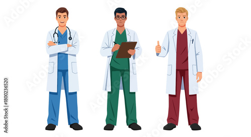 Set of vector illustrations of male doctors in medical poses, ideal for healthcare marketing, hospital materials, telemedicine platforms, and educational content