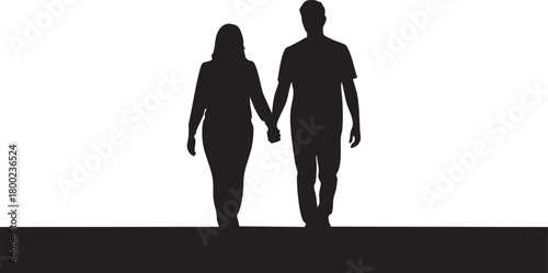 Black silhouettes depict a couple walking while holding hands against a transparent backdrop