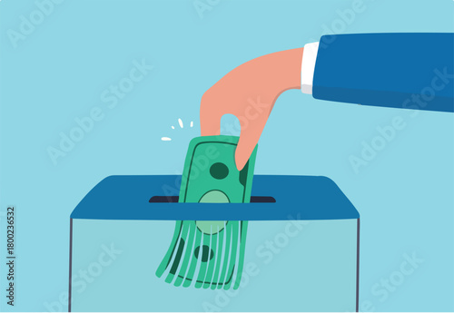 Money shred bad investment, scam or fraud causing losing money, mistake or financial failure spending concept, businessman hand feed banknote money into shredder to destroy losing all his wealth.