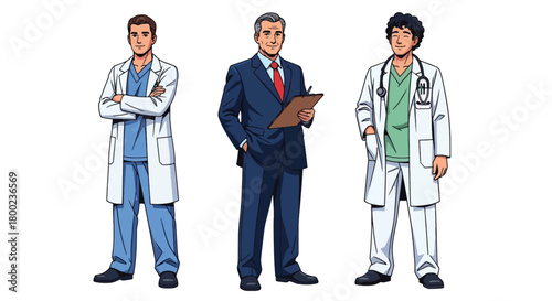 Set of vector illustrations of male doctors in medical poses, ideal for healthcare marketing, hospital materials, telemedicine platforms, and educational content