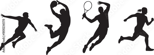Black silhouettes show athletic men playing tennis, running, and throwing ball, set against transparent background