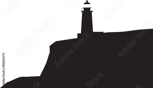Coastal sentinel A black lighthouse atop a cliff silhouette stands proudly against a white background