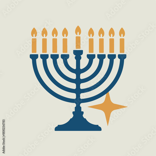 Hanukkah menorah with nine burning candles and golden sparkle, traditional Jewish holiday candelabrum icon, vector illustration for winter celebration decor