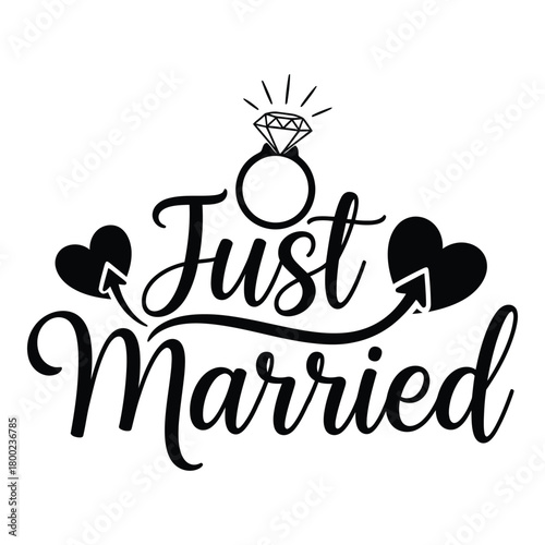 Just Married Wedding Celebration Graphic Design with Ring and Hearts