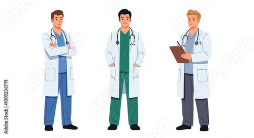 Set of vector illustrations of male doctors in medical poses, ideal for healthcare marketing, hospital materials, telemedicine platforms, and educational content