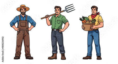 Set of vector illustrations of male farmers with tools and fresh produce, perfect for agricultural branding, organic food marketing, and rural lifestyle materials