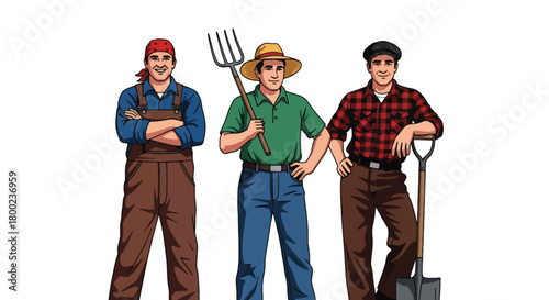 Set of vector illustrations of male farmers with tools and fresh produce, perfect for agricultural branding, organic food marketing, and rural lifestyle materials