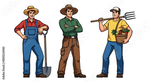 Set of vector illustrations of male farmers with tools and fresh produce, perfect for agricultural branding, organic food marketing, and rural lifestyle materials