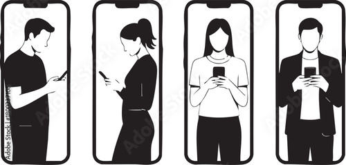 Four diverse people interact with phones inside smartphone shapes on white background