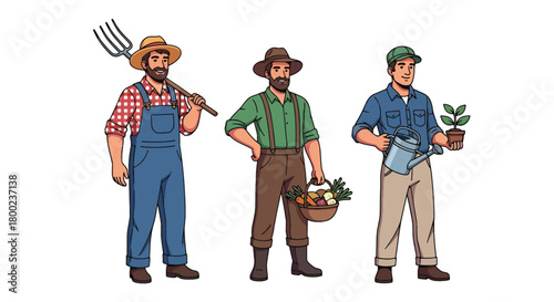 Set of vector illustrations of male farmers with tools and fresh produce, perfect for agricultural branding, organic food marketing, and rural lifestyle materials
