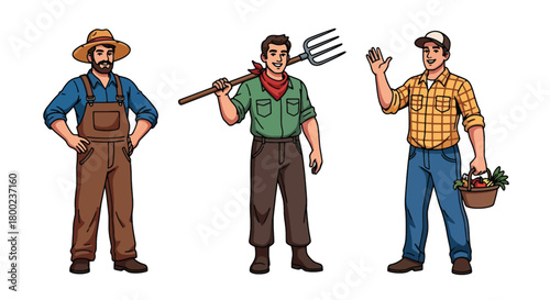 Set of vector illustrations of male farmers with tools and fresh produce, perfect for agricultural branding, organic food marketing, and rural lifestyle materials