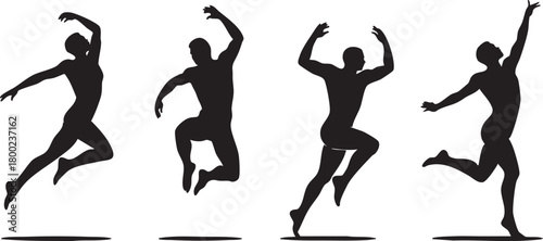 Four male silhouettes show different poses, jumping, running, and ballet dancing on transparent background