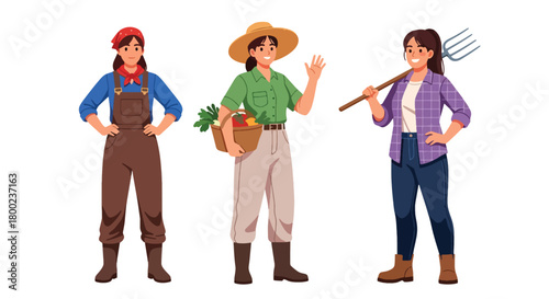 Set of vector illustrations of female farmers in gardening poses, ideal for agriculture education, organic farming promotions, and sustainable lifestyle marketing