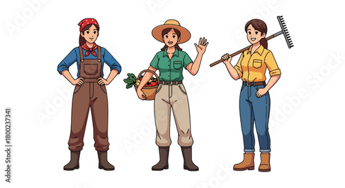 Set of vector illustrations of female farmers in gardening poses, ideal for agriculture education, organic farming promotions, and sustainable lifestyle marketing