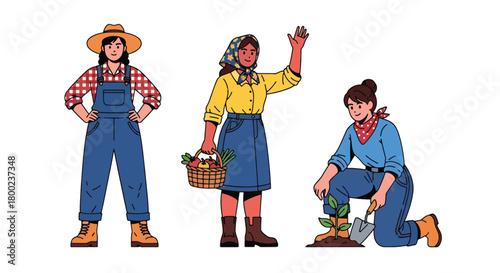 Set of vector illustrations of female farmers in gardening poses, ideal for agriculture education, organic farming promotions, and sustainable lifestyle marketing