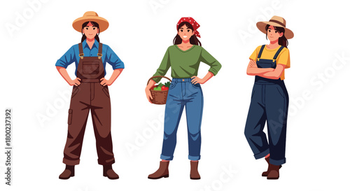 Set of vector illustrations of female farmers in gardening poses, ideal for agriculture education, organic farming promotions, and sustainable lifestyle marketing
