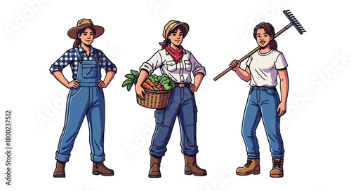 Set of vector illustrations of female farmers in gardening poses, ideal for agriculture education, organic farming promotions, and sustainable lifestyle marketing